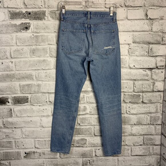 Agolde High Rise Distressed Light Wash Button Fly Straight Leg Ankle Jeans - Picture 5 of 11